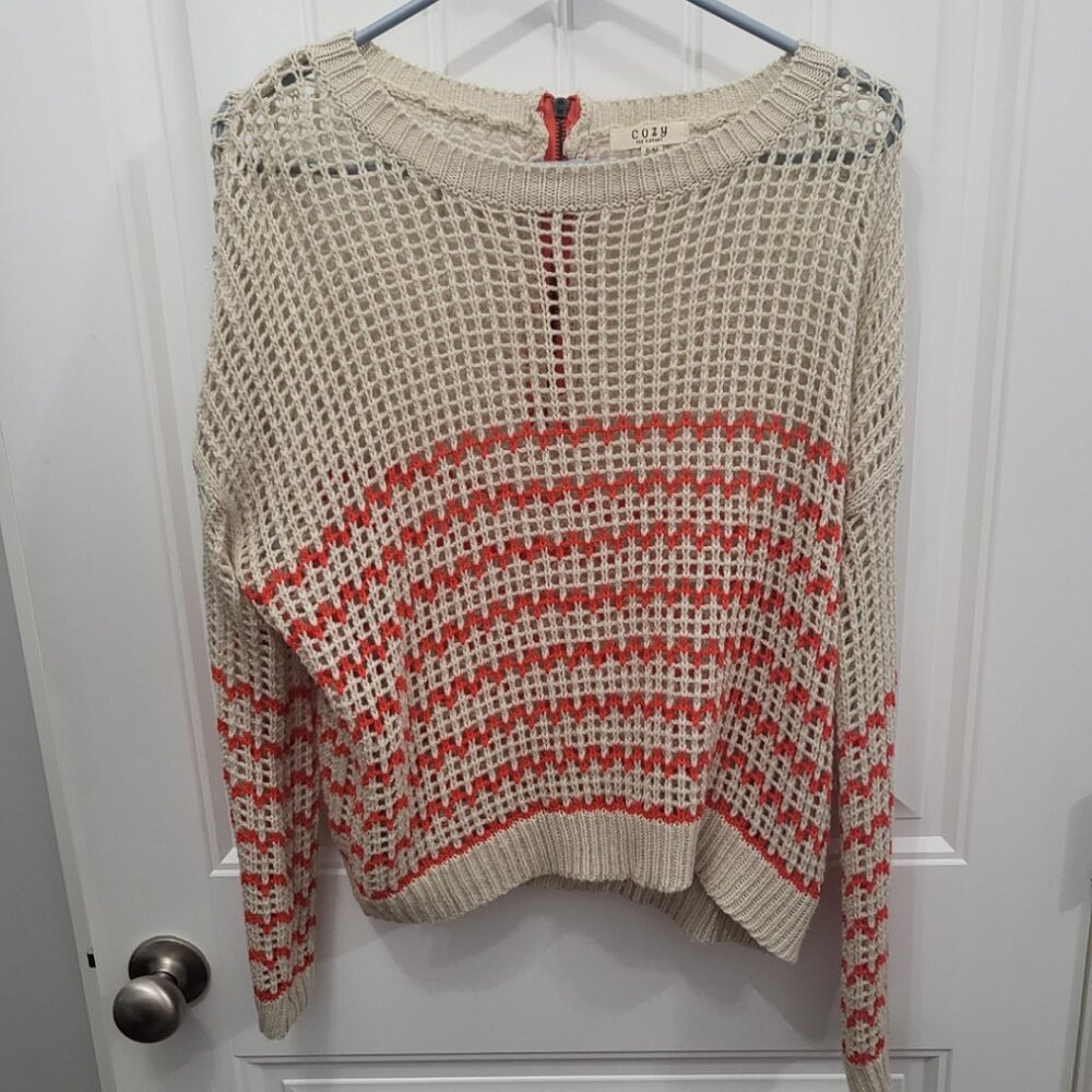 Flowy crochet cream & orange striped waist length sweater (S/M)